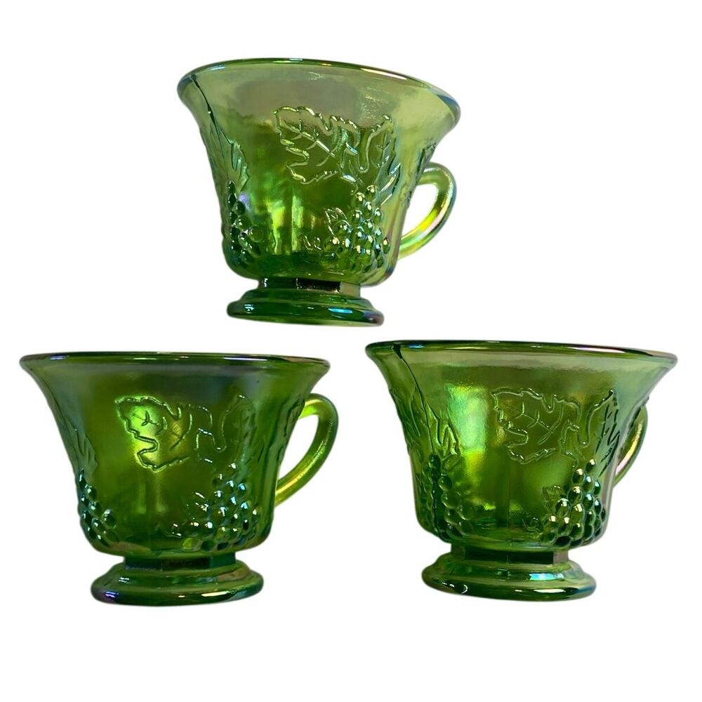 VTG Green Carnival Indiana Glass Grapevine Pattern Cups with Handles Set of 3